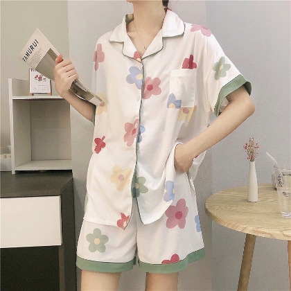 韓国ファッション オシャレ 半袖 花柄 清新 二点セット 可愛い ゆったり カジュアル パジャマ