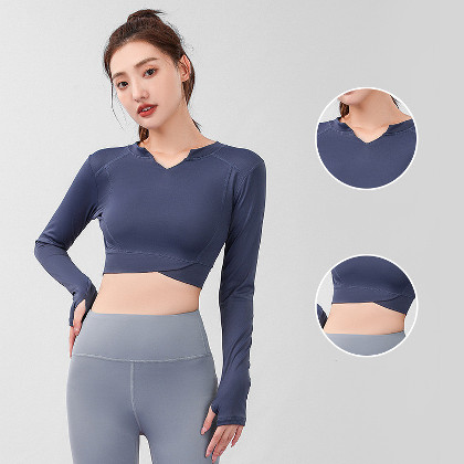 韓国風ファッション Vネック 速乾 体型をカバー 接触冷感 ぴったりしたサイズ感 長袖 ヨガ トップス