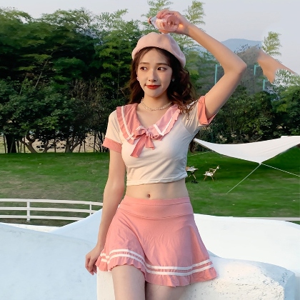 韓国風ファッション 学園風 配色 リボン ハイウエスト セーラー カラー タンキニ水着