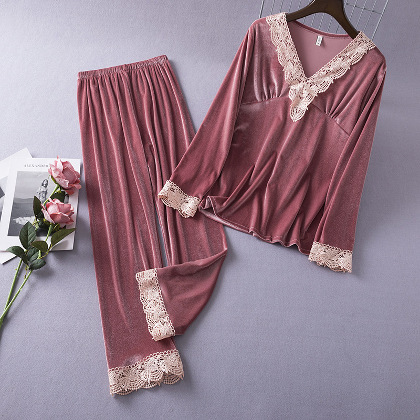 フェミニン 可愛い レース 配色 Ｖネック 上下セット 快適な履き心地 パジャマ