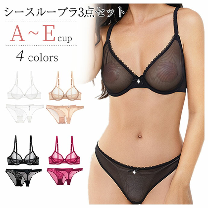 セクシー透け感 3点セット A-Eカップ ワイヤー入り 超薄い ブラ・ショーツセット