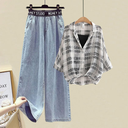 韓国ファッション チェック柄 単品販売 簡単コーデ カジュアル キャミソール+シャツ+デニムパンツ セット