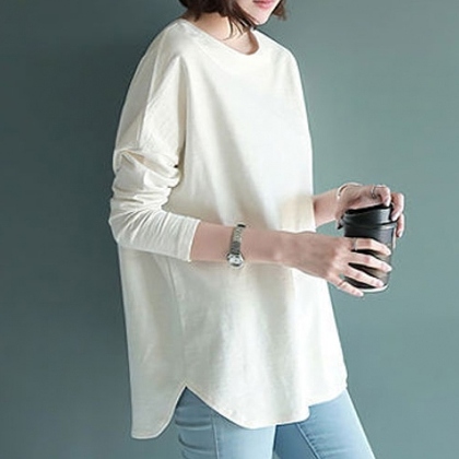 簡潔 合わせやすい 長袖 定番 シンプル ラウンドネック スリット Tシャツ